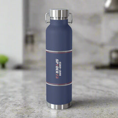 Blue water bottle with silver lid and accents on a white background