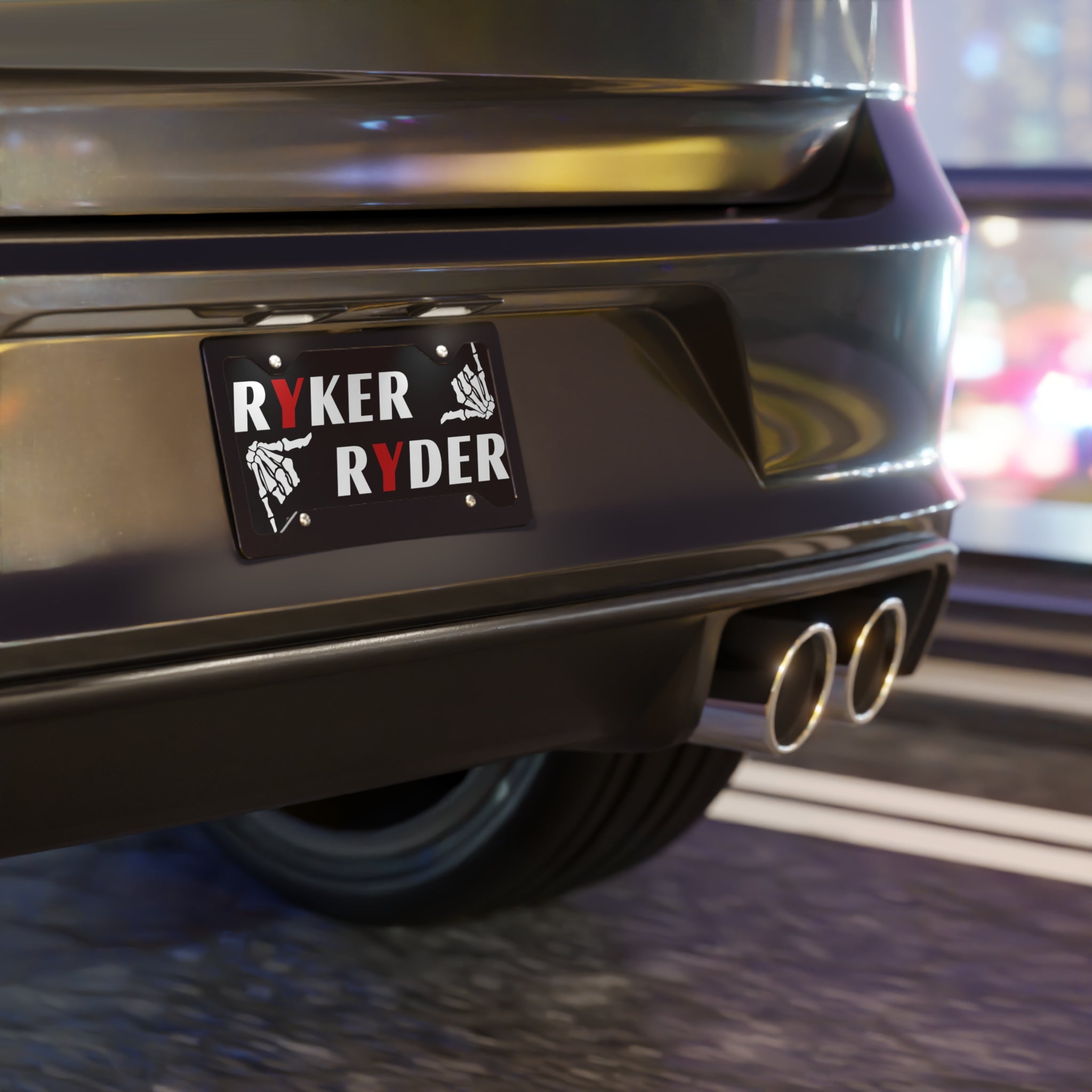 Car rear with 'RYKER RIDER' license plate in a blurred indoor setting