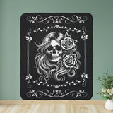 Lady Biker Skull Rose Sherpa Fleece Blanket