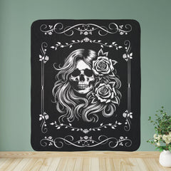 Lady Biker Skull Rose Sherpa Fleece Blanket