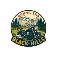 Logo with a motorcycle, Mount Rushmore, and bison with 'Riding the Black Hills' text on a white background.