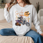 Spooky Season Biker Witch Halloween Long Sleeve Crew Neck TShirt