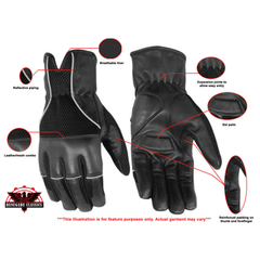 Black leather gloves with feature labels on a white background