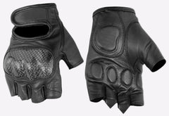 Pair of black leather gloves with cut-out design on a white background