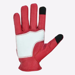Red glove with white palm and black tips on a white background