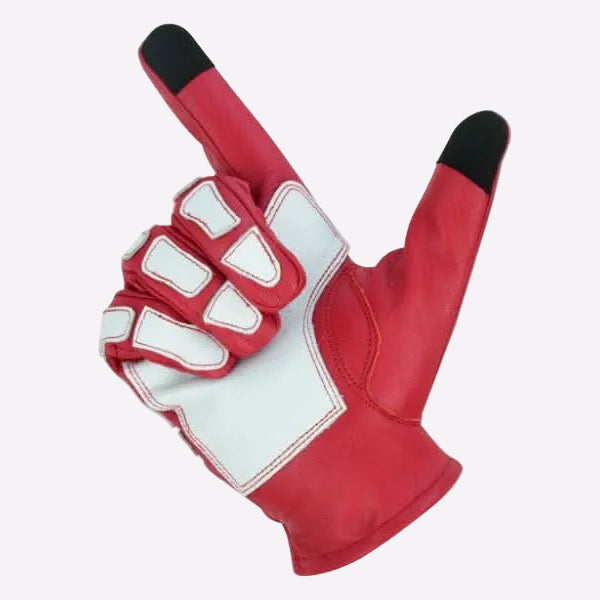 Red and white glove with black tips on a white background