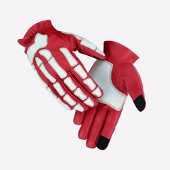 Red and white gloves with black tips on a white background
