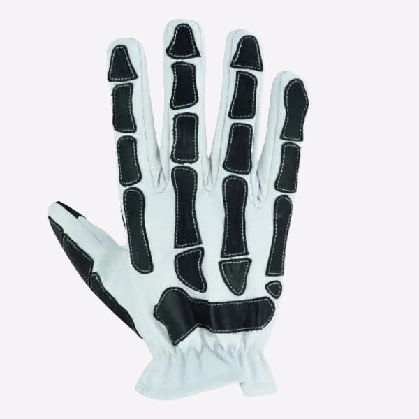 White glove with black skeleton design on a white background