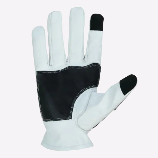 White glove with black palm and touch tip on a white background