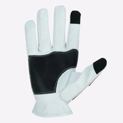 White glove with black palm and touch tip on a white background