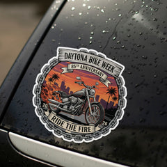 Daytona Bike Week sticker on a wet car window