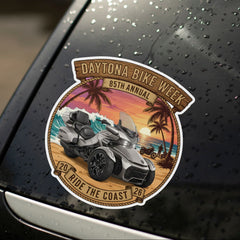 Daytona Bike Week sticker on a car window with raindrops.