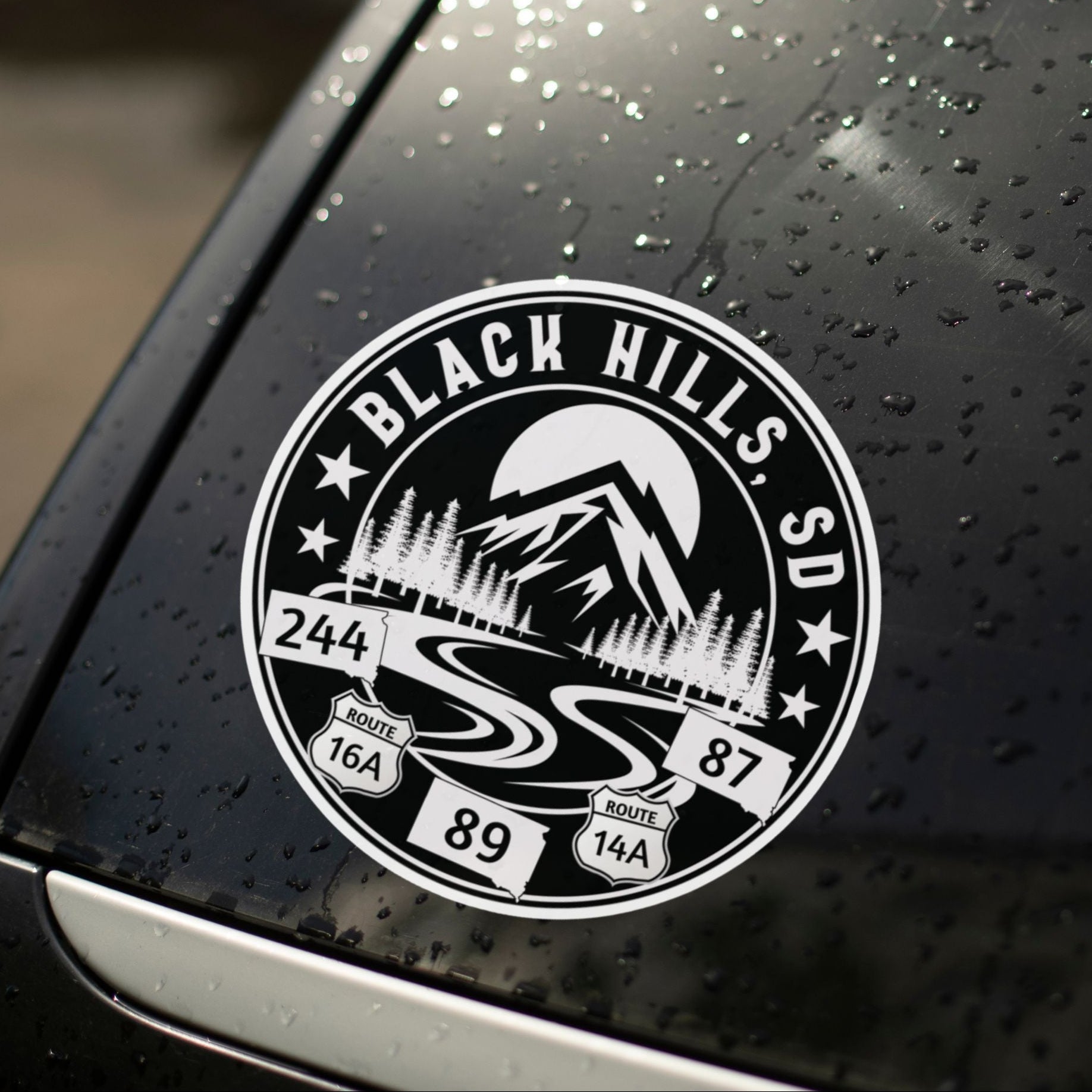 Car window with a 'Black Hills, SD' decal featuring mountain and road design.