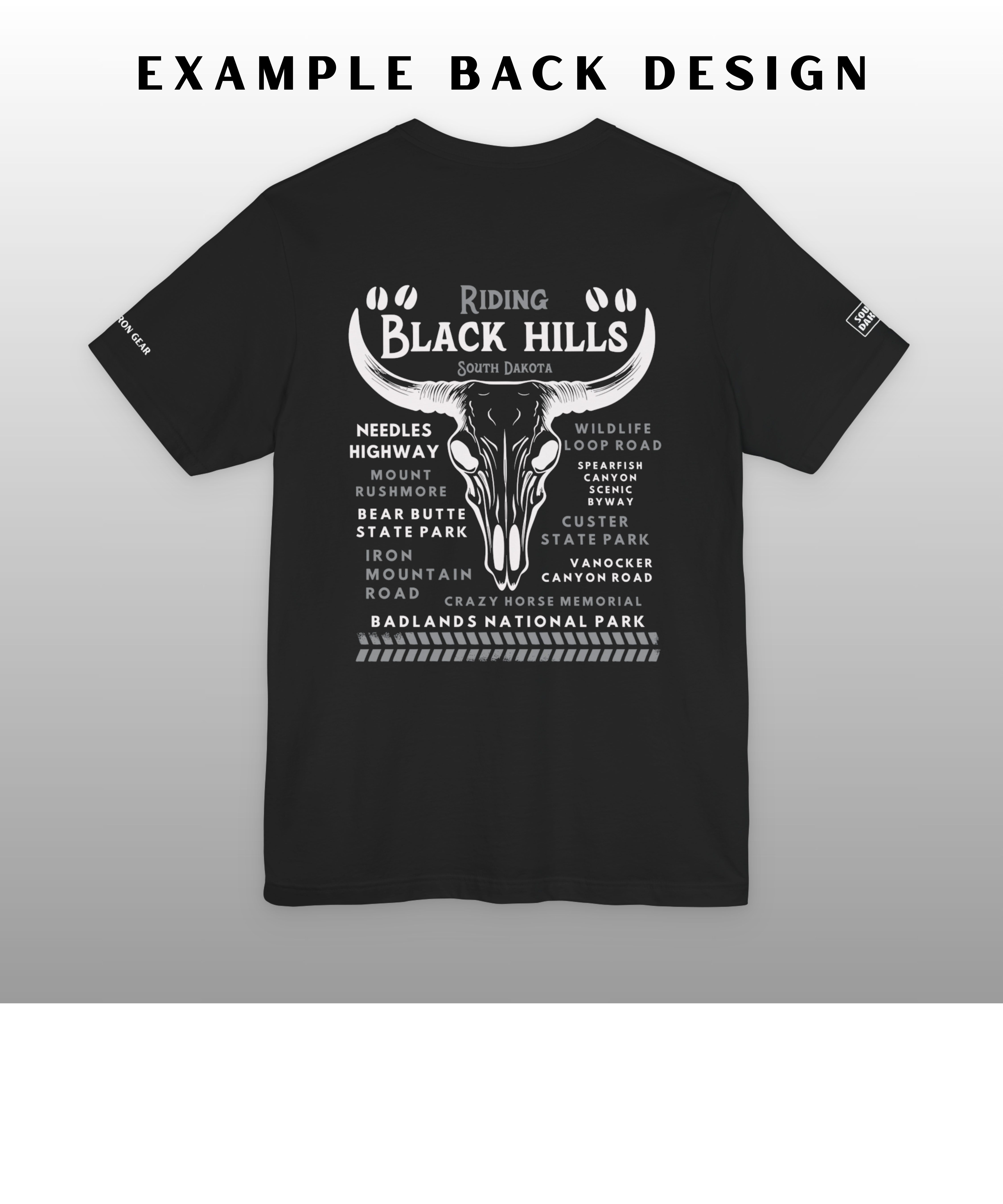 Black t-shirt with white graphic design on a gray background