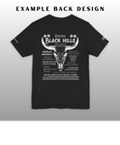 Black t-shirt with white graphic design on a gray background