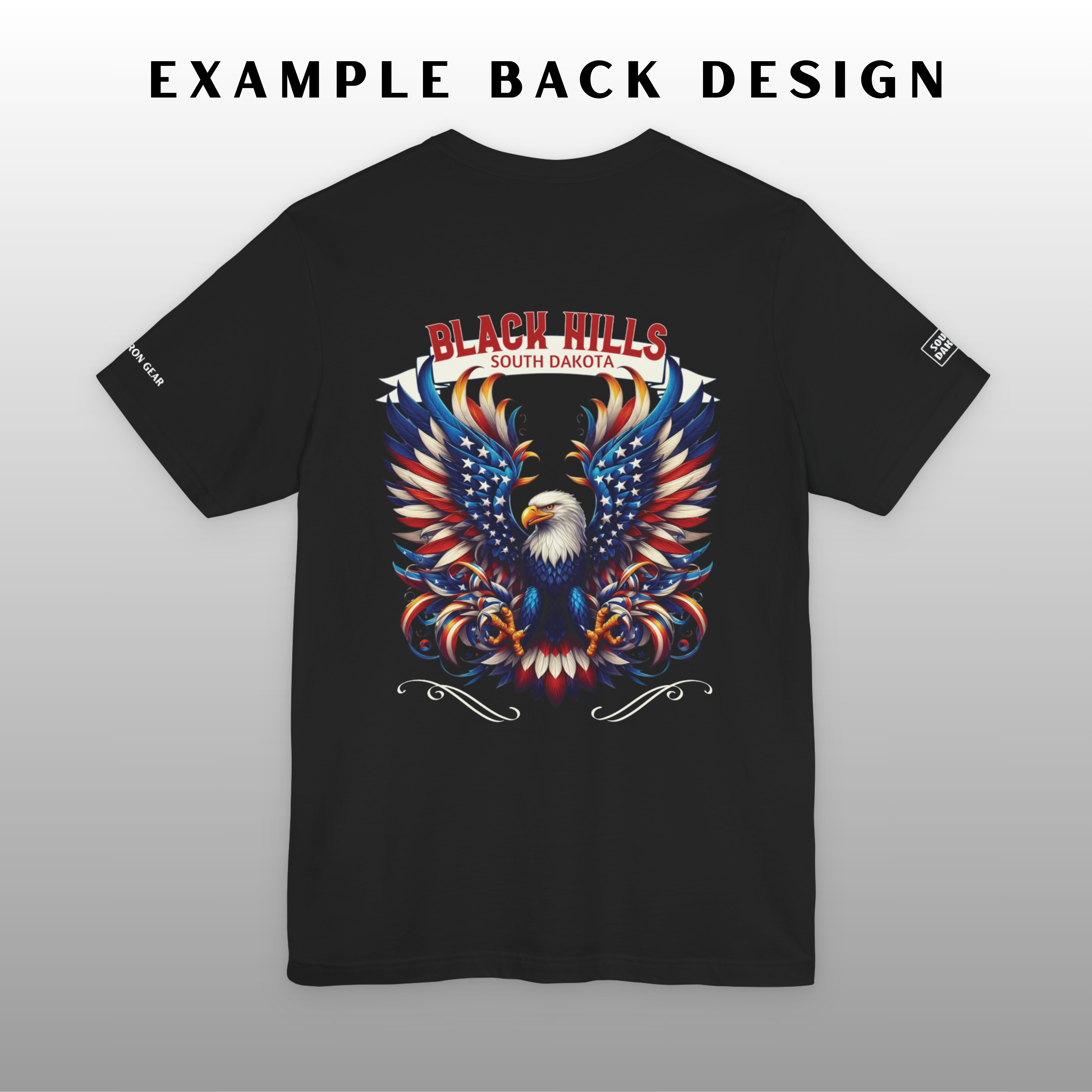 Black t-shirt with a colorful eagle design and 'Black Hills' text on a gray background