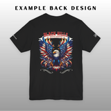 Black t-shirt with a colorful eagle design and 'Black Hills' text on a gray background