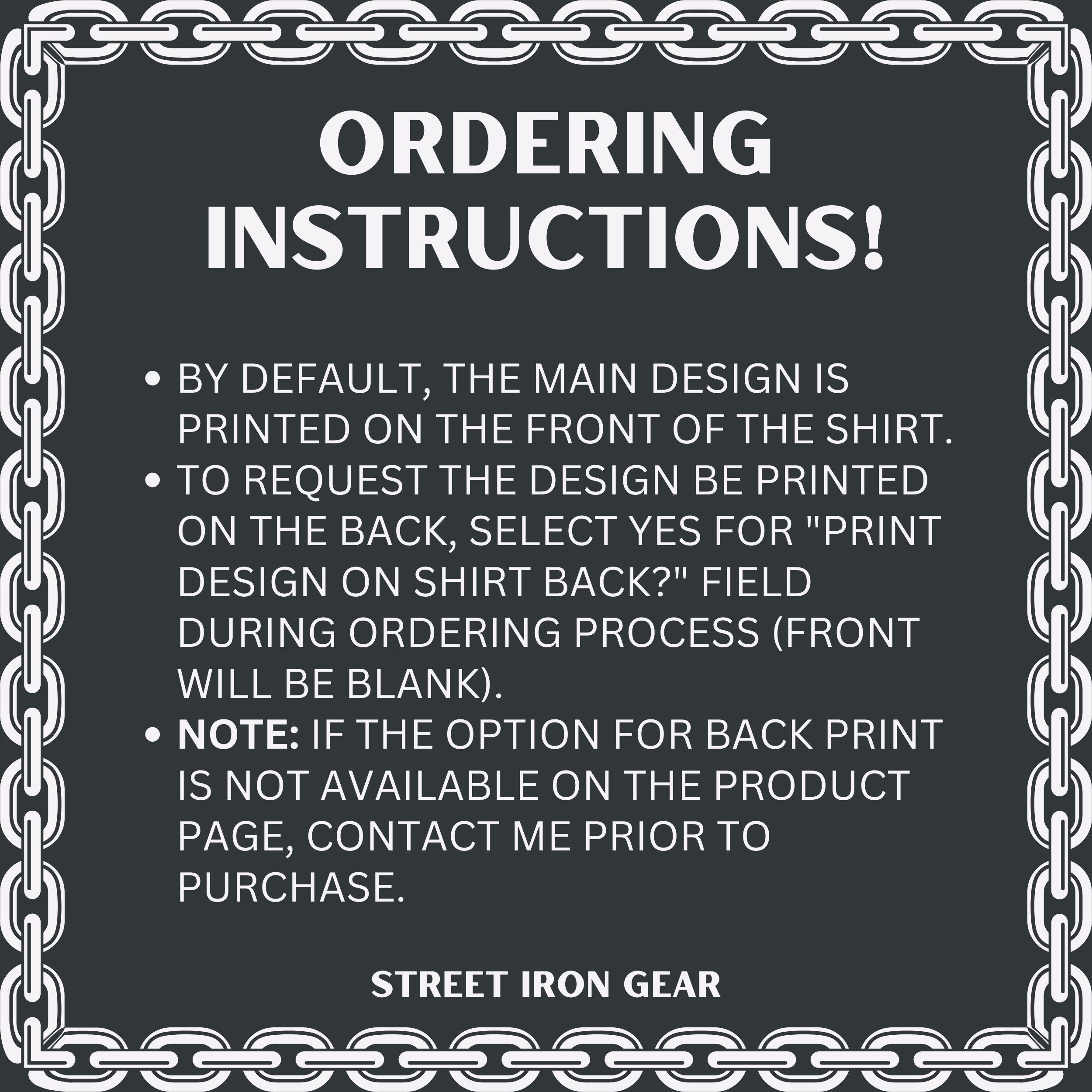 Text with ordering instructions for a shirt design on a black background with chain border.