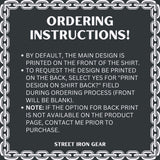 Text with ordering instructions for a shirt design on a black background with chain border.