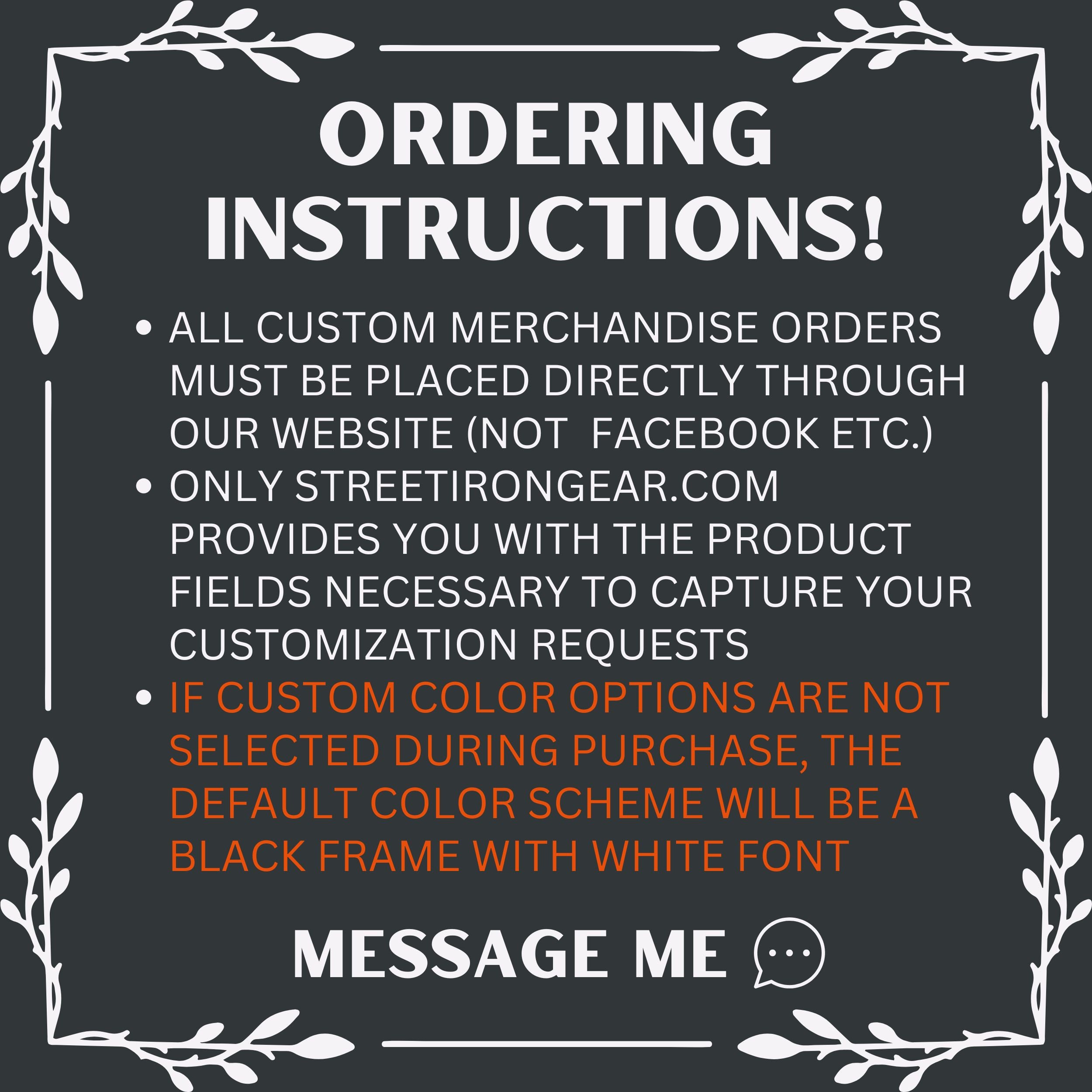 Text-based ordering instructions for custom merchandise on a black background with decorative elements.