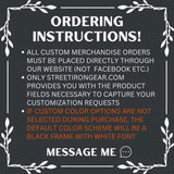Text-based ordering instructions for custom merchandise on a black background with decorative elements.
