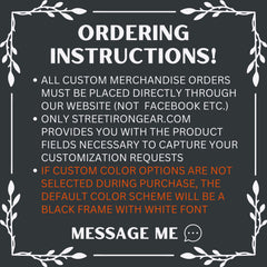 Text-based ordering instructions for custom merchandise on a black background with decorative elements.
