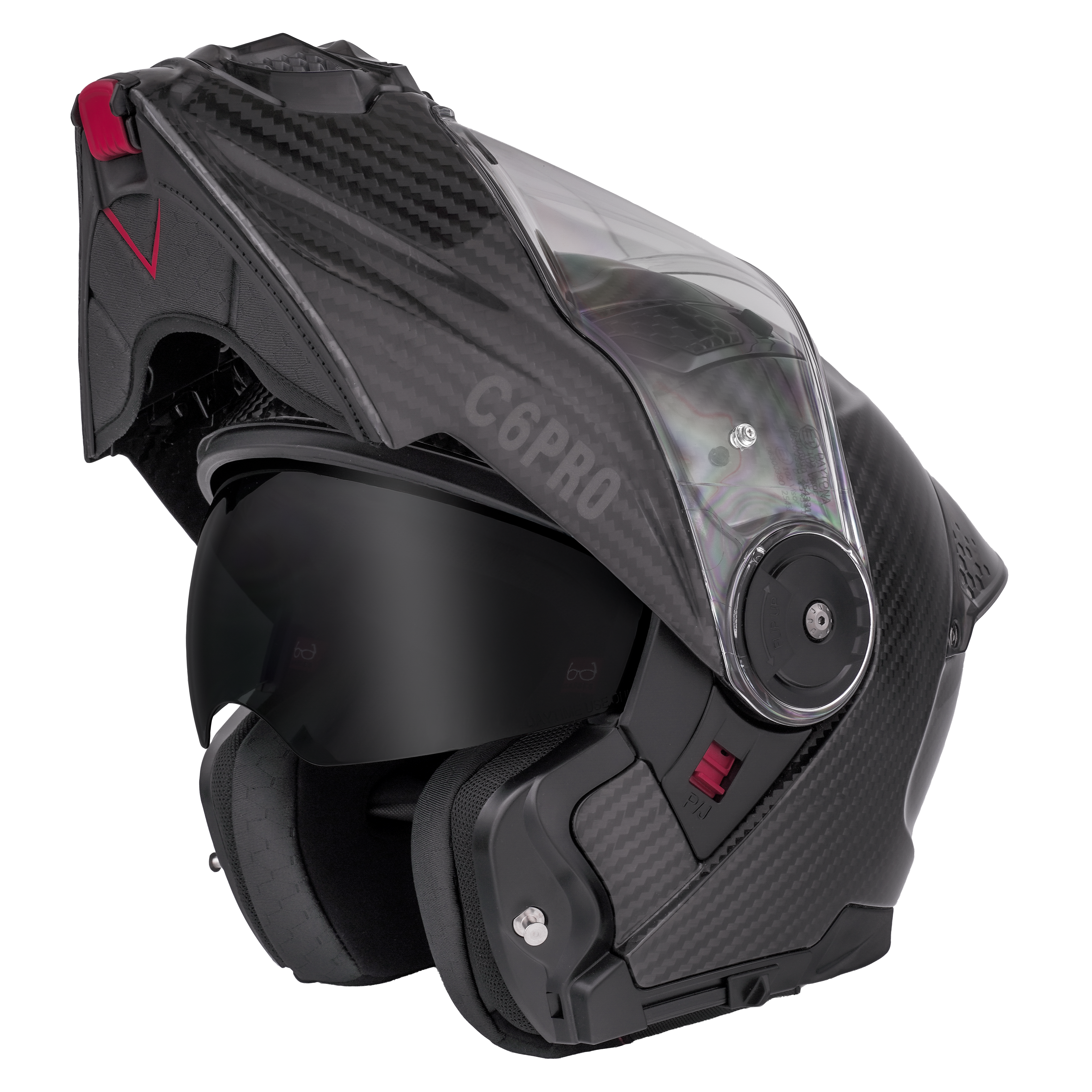 Black motorcycle helmet with clear visor on a white background
