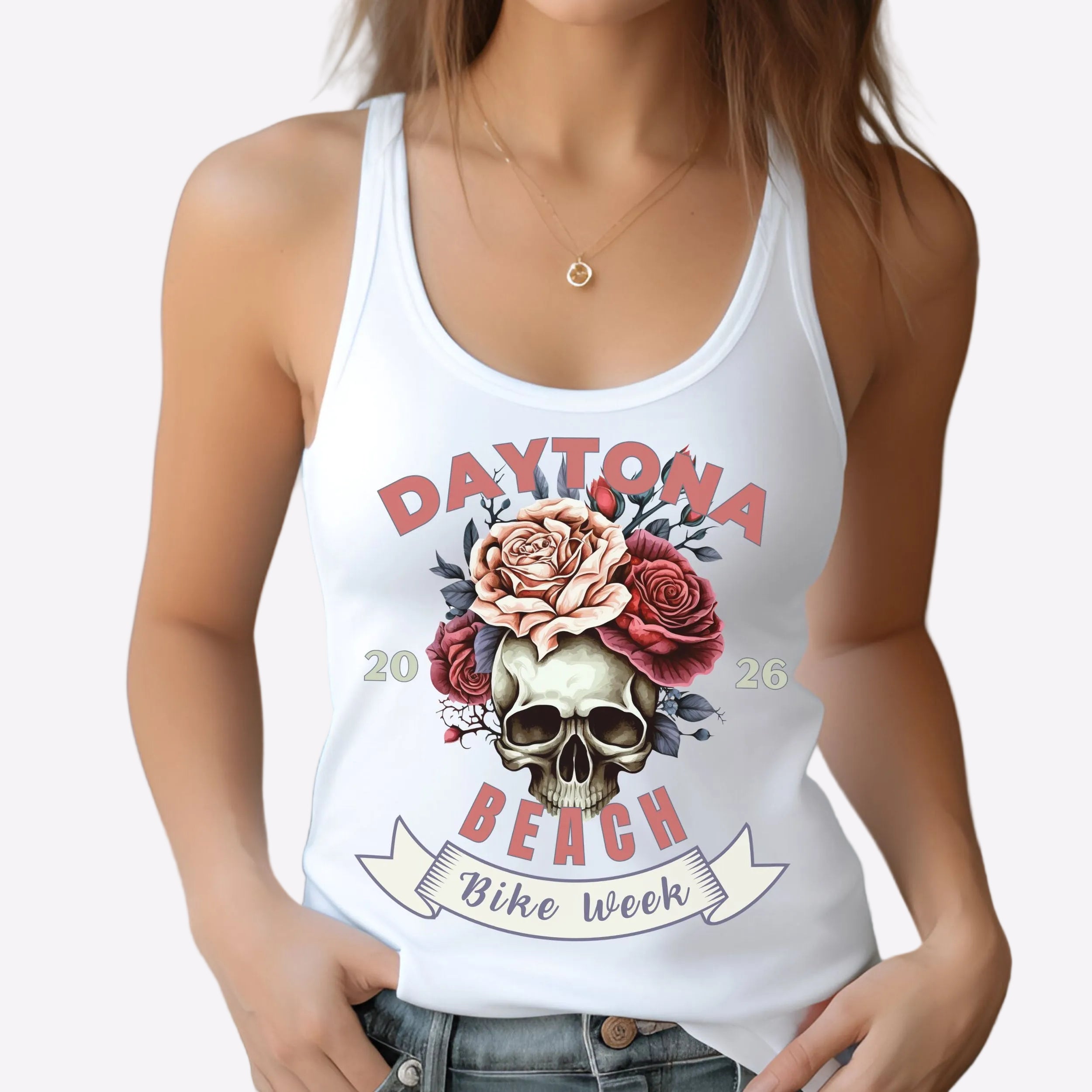 White tank top with 'Daytona Beach Bike Week' design featuring roses and a skull.