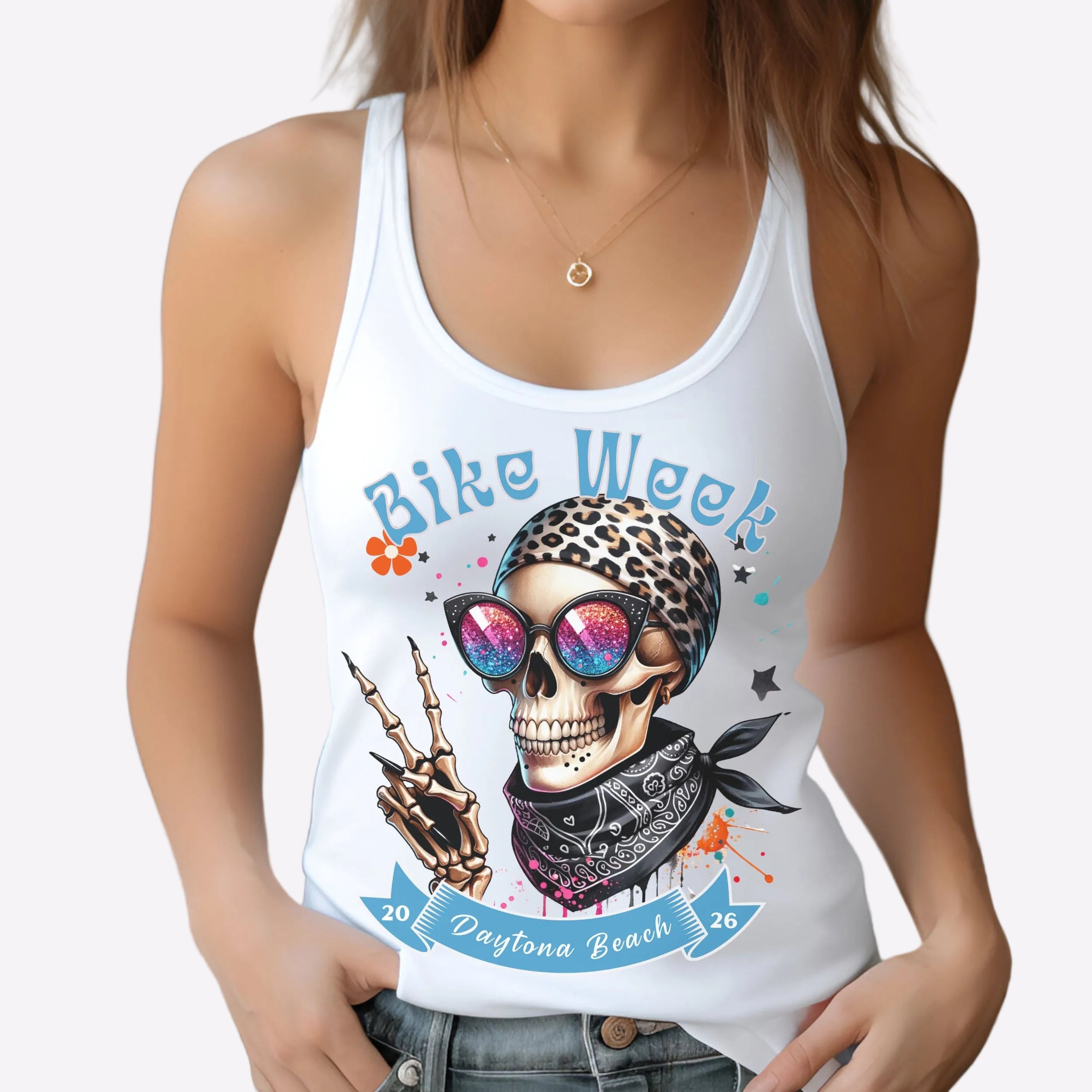 White tank top with a skull design and 'Bike Week' text, worn by a person.
