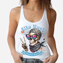 White tank top with a skull design and 'Bike Week' text, worn by a person.