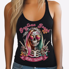 Black tank top with a colorful skeleton design and 'Daytona Beach Bike Week' text.