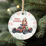 Circular Christmas ornament with a cartoon character in a Santa hat riding a ATV, surrounded by festive decorations.