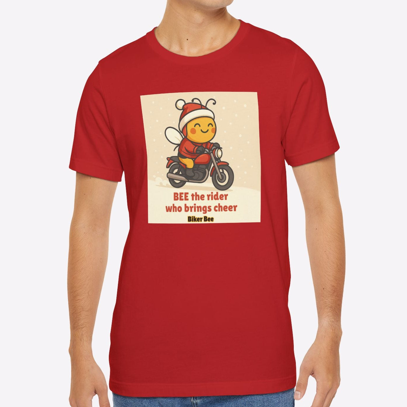 Man wearing a red t-shirt with a graphic design on a white background