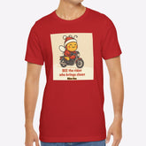 Man wearing a red t-shirt with a graphic design on a white background