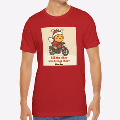 Man wearing a red t-shirt with a graphic design on a white background