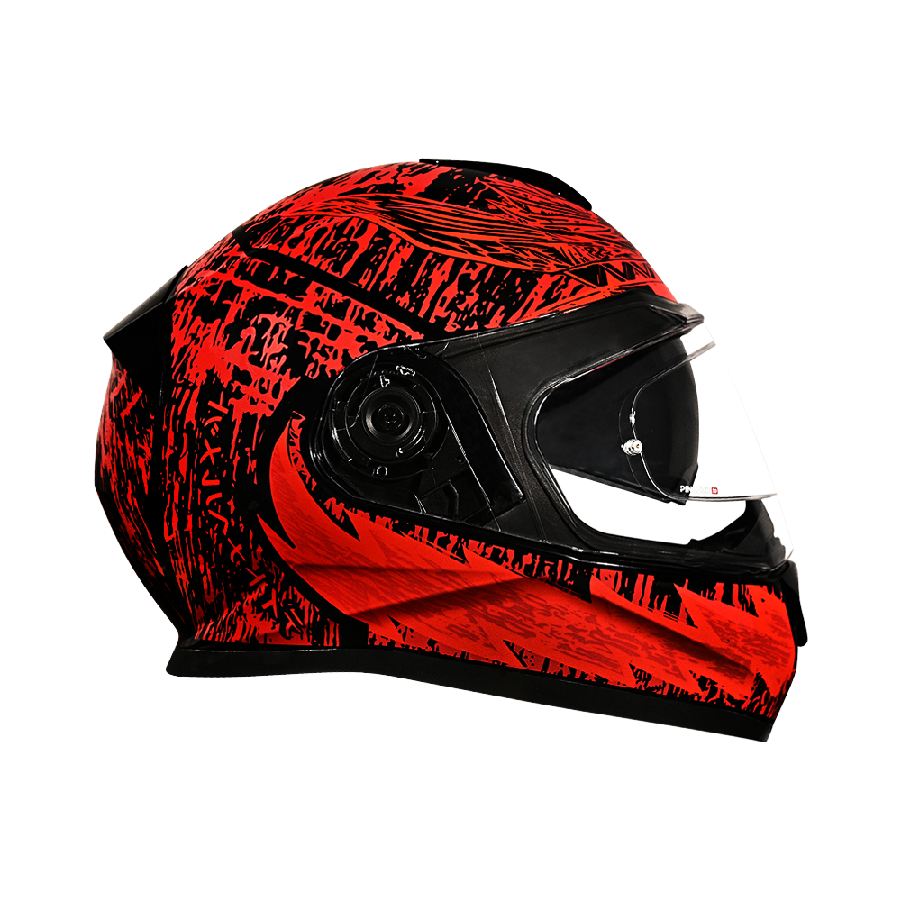 Red and black motorcycle helmet on a white background
