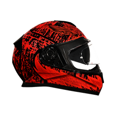 Red and black motorcycle helmet on a white background