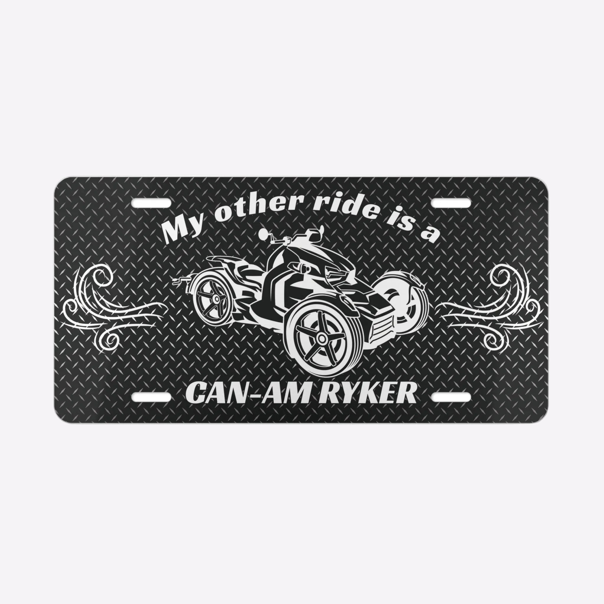 License plate with Can-Am Ryker graphic and text on a black background