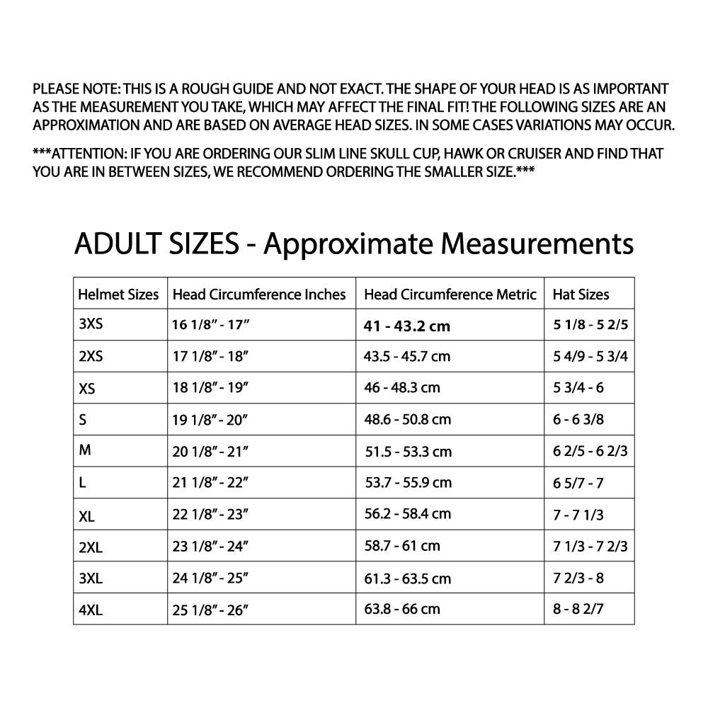 Helmet size chart for adults with measurements in inches and metric, and corresponding hat sizes.