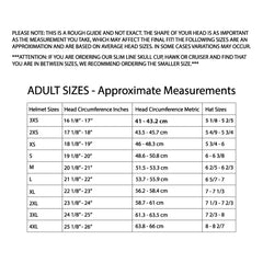 Helmet size chart for adults with measurements in inches and metric, and corresponding hat sizes.
