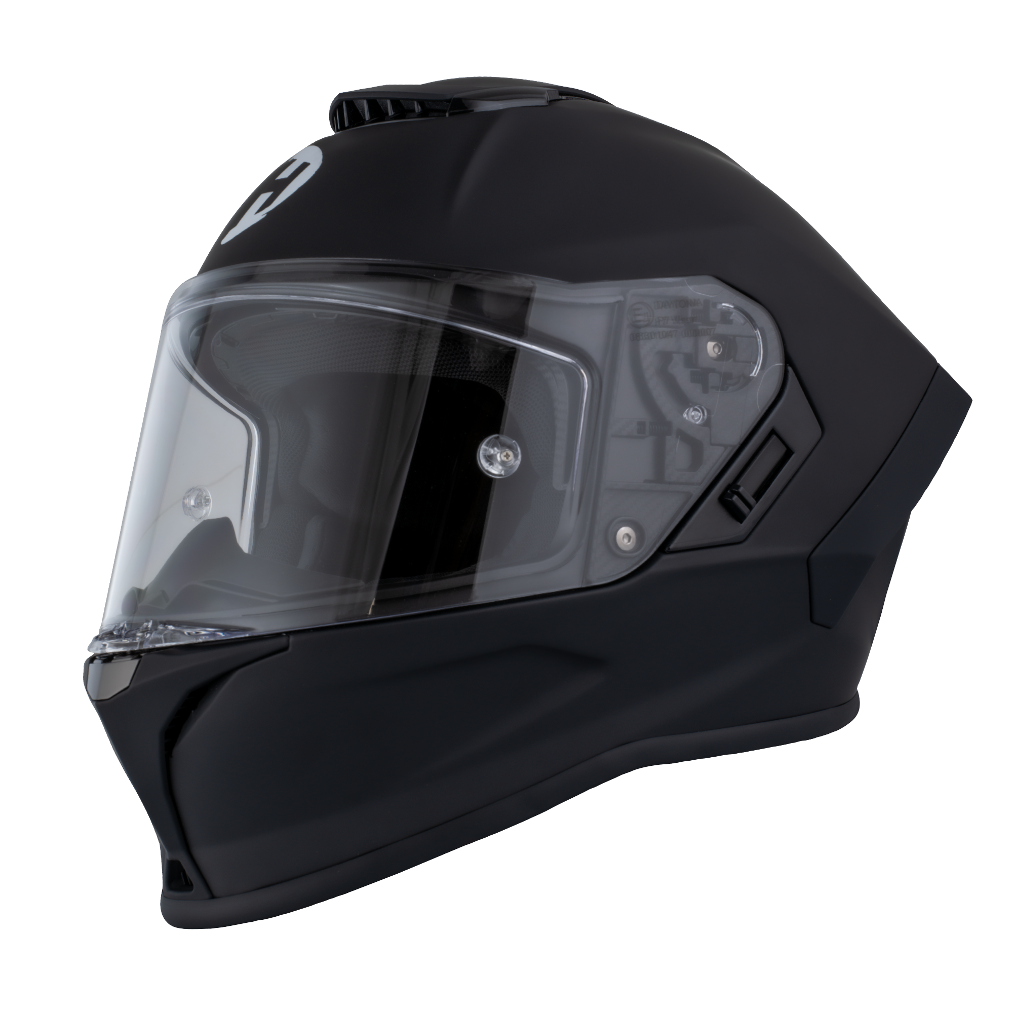 Black motorcycle helmet with clear visor on a white background
