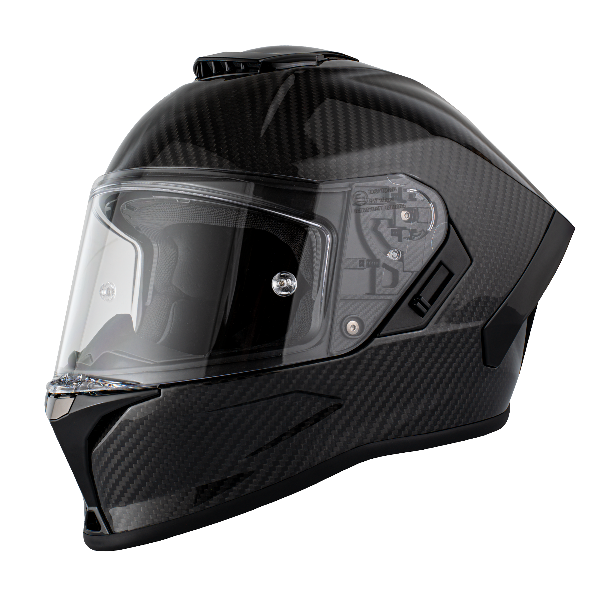Black motorcycle helmet with clear visor on a white background