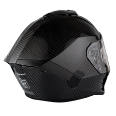 Black carbon fiber motorcycle helmet on a white background
