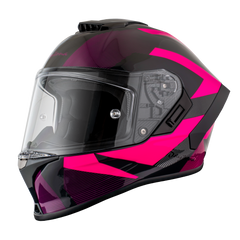 Black and pink motorcycle helmet on a white background