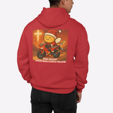 Red hoodie with a Christmas-themed graphic on the back, featuring a character in a Santa hat riding a motorcycle.