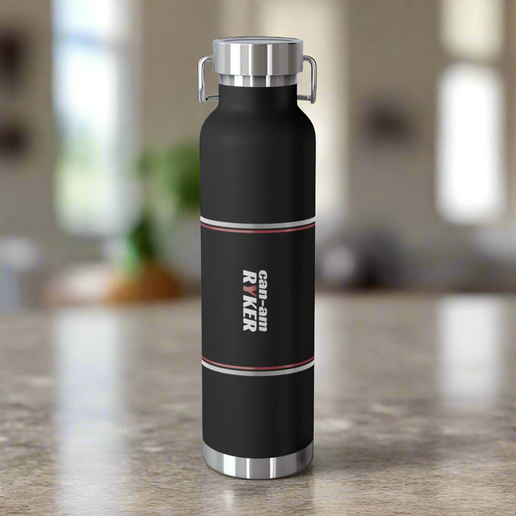 Black insulated bottle with silver lid on a white background