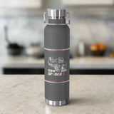 Gray water bottle with a logo and text on a white background