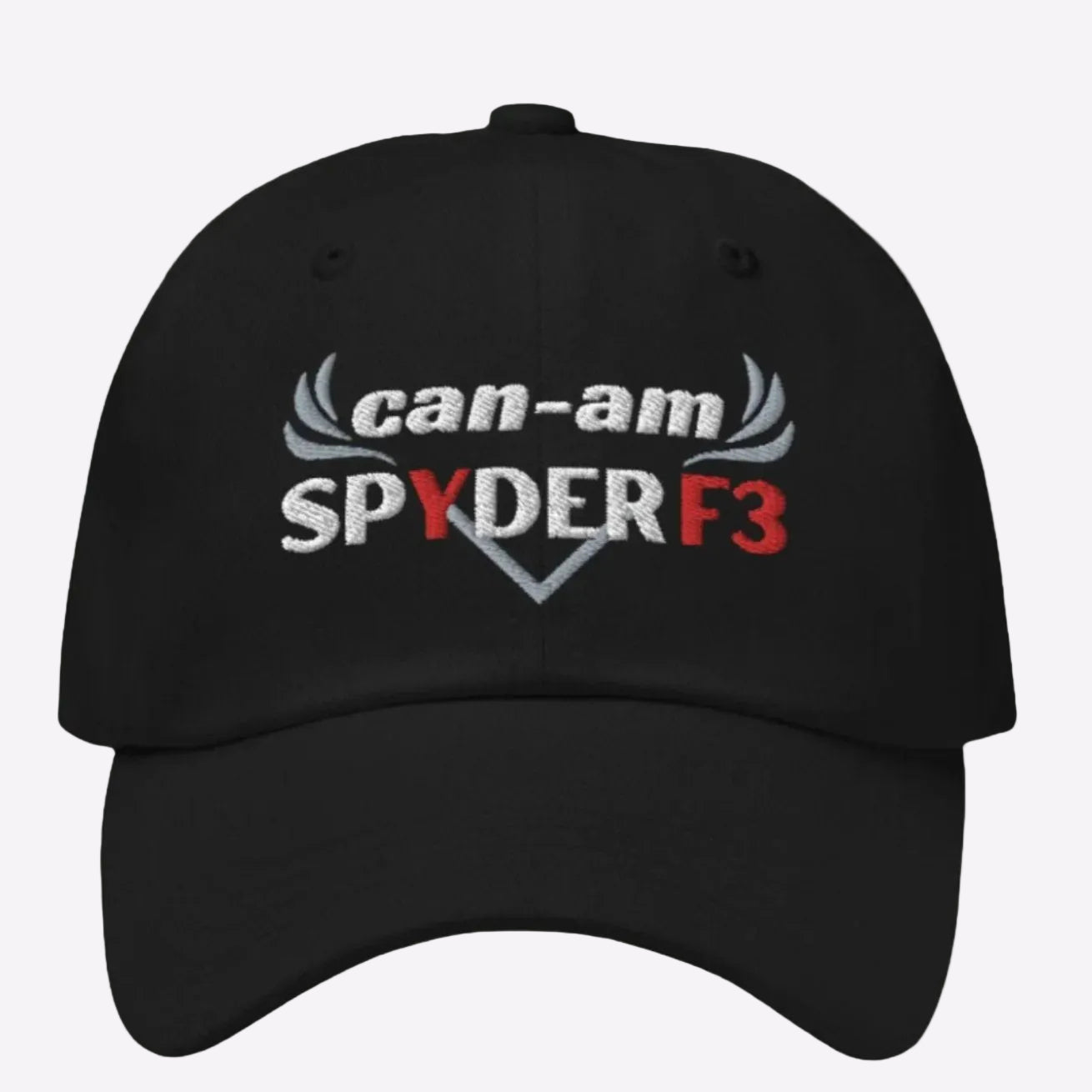 A black baseball cap with 'Can-Am Spyder F3' embroidered on the front.