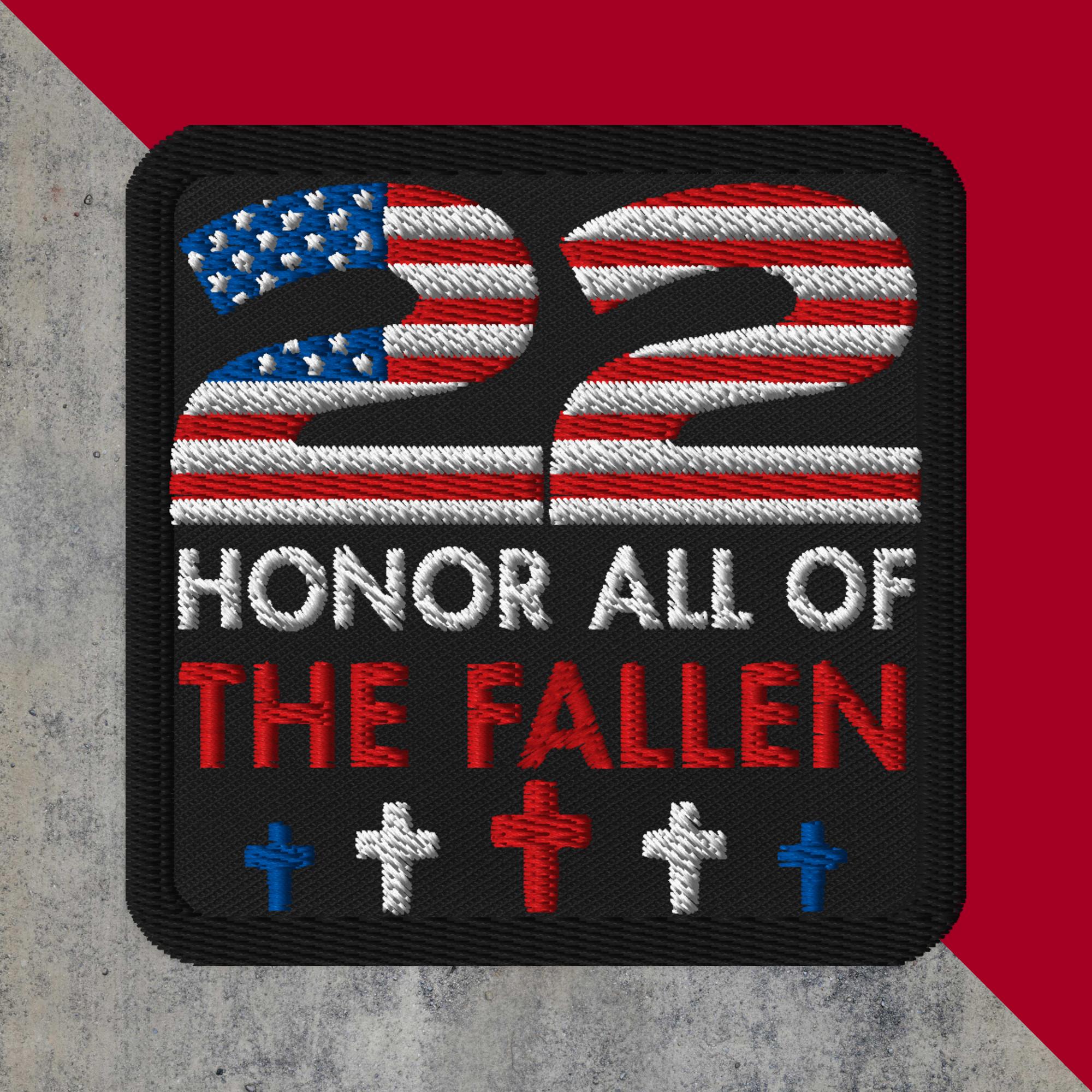 Patch with American flag, crosses, and text 'Honor All of The Fallen' on a red and gray background.