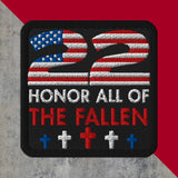 Patch with American flag, crosses, and text 'Honor All of The Fallen' on a red and gray background.